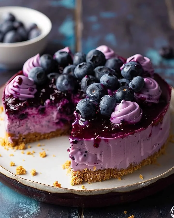 Delicious no-bake blueberry cheesecake topped with fresh blueberries