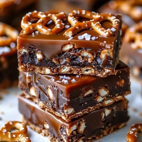 No-bake caramel pretzel crack bars with chocolate drizzle and pretzel topping