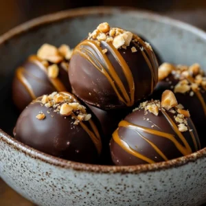 No-bake chocolate peanut butter buckeyes on a plate, topped with chocolate drizzle.