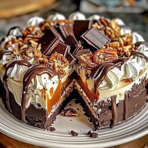 Delicious no-bake German chocolate cheesecake topped with nuts and coconut.