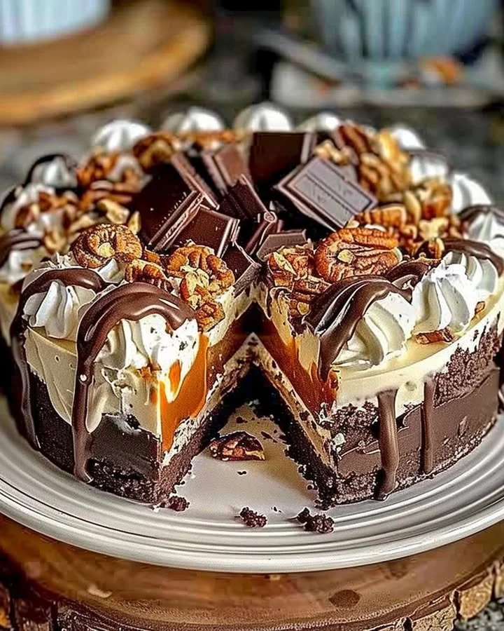 Delicious no-bake German chocolate cheesecake topped with nuts and coconut.