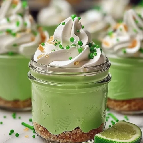 No Bake Key Lime Cheesecake in a Jar served with lime slices