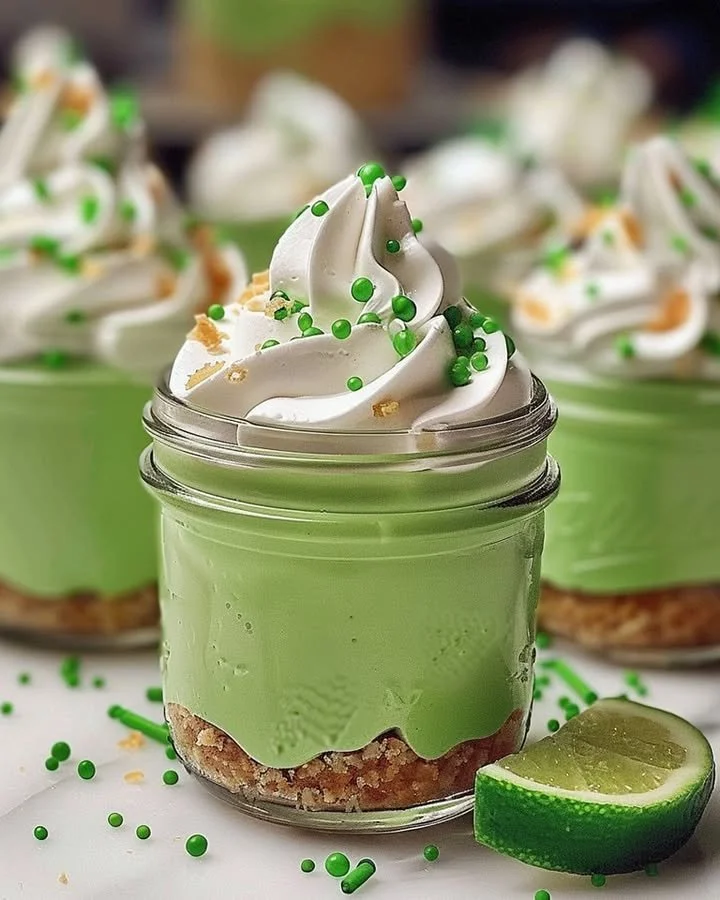 No Bake Key Lime Cheesecake in a Jar served with lime slices