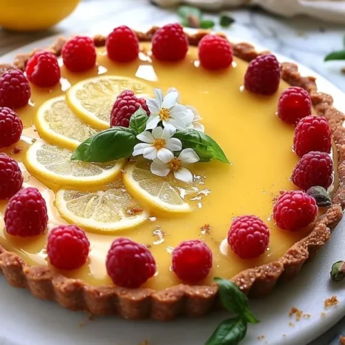 No-bake lemon tart topped with fresh raspberries and basil leaves