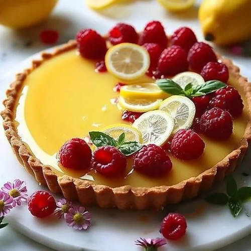 No-bake lemon tart with fresh raspberries and basil garnishes
