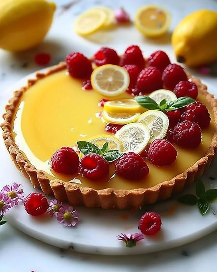 No-bake lemon tart with fresh raspberries and basil garnishes
