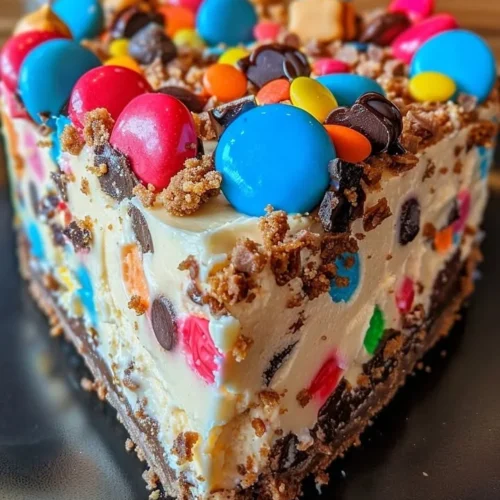 No-Bake Monster Cookie Dough Cheesecake topped with cookie chunks and chocolate chips