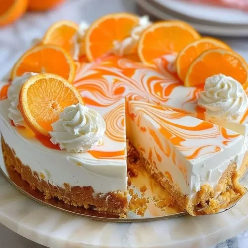 Delicious no-bake orange creamsicle cheesecake topped with fresh orange slices.