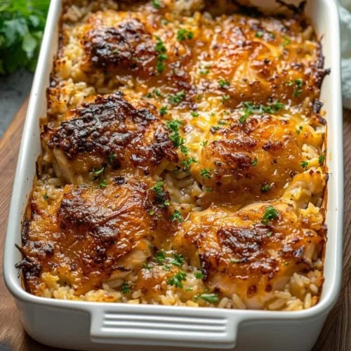 A mouthwatering No-Peek Chicken and Rice Casserole served on a plate.