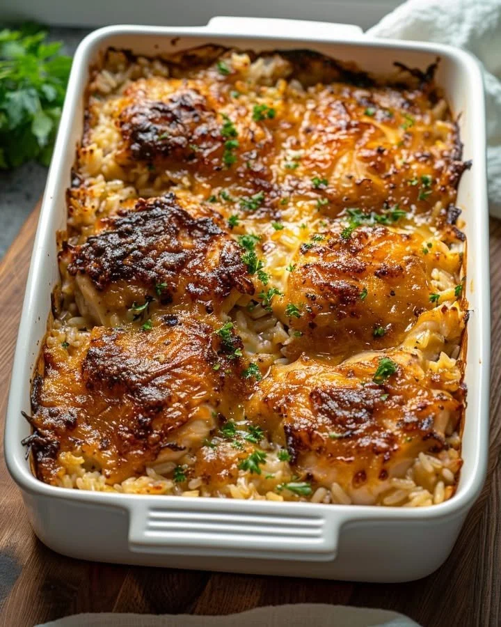 A mouthwatering No-Peek Chicken and Rice Casserole served on a plate.