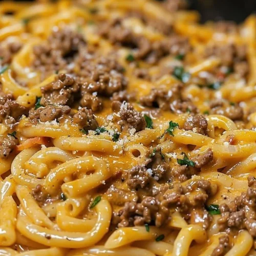 One-Pot Creamy Beef and Garlic Butter Pasta dish garnished with herbs