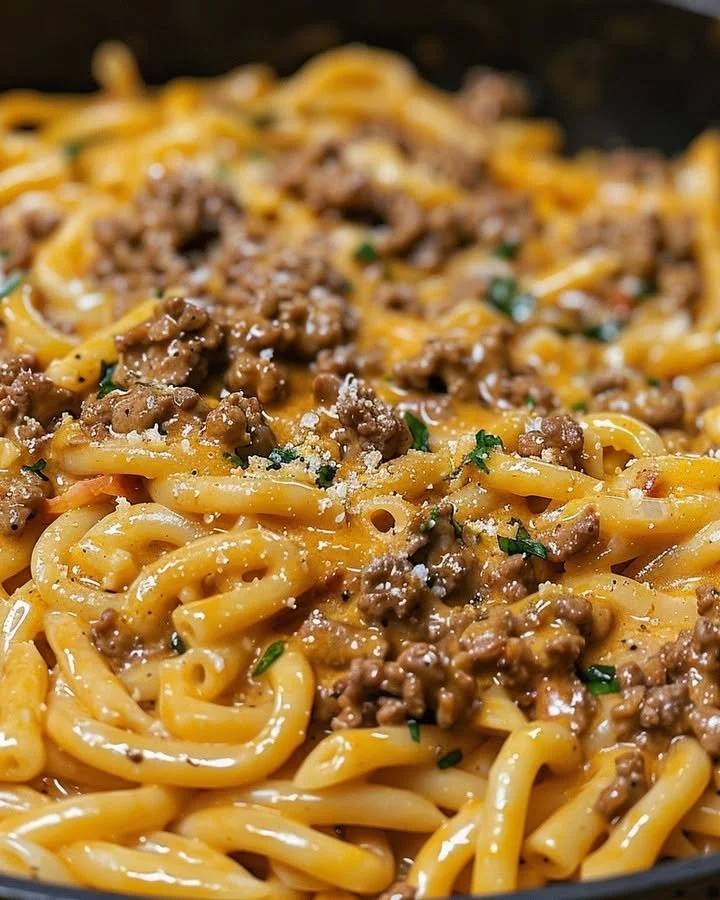 One-Pot Creamy Beef and Garlic Butter Pasta dish garnished with herbs