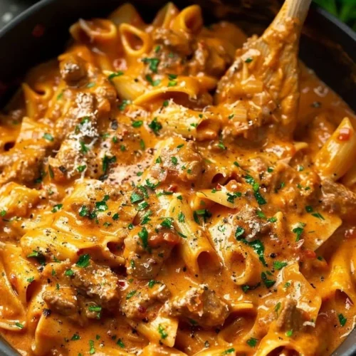 One pot creamy beef pasta dish served in a bowl