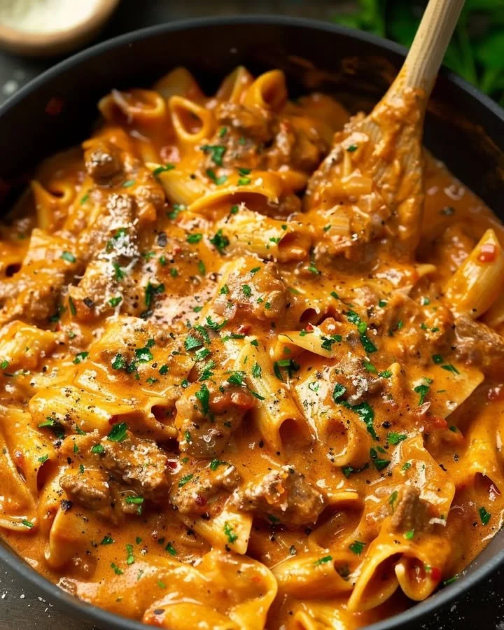 One pot creamy beef pasta dish served in a bowl