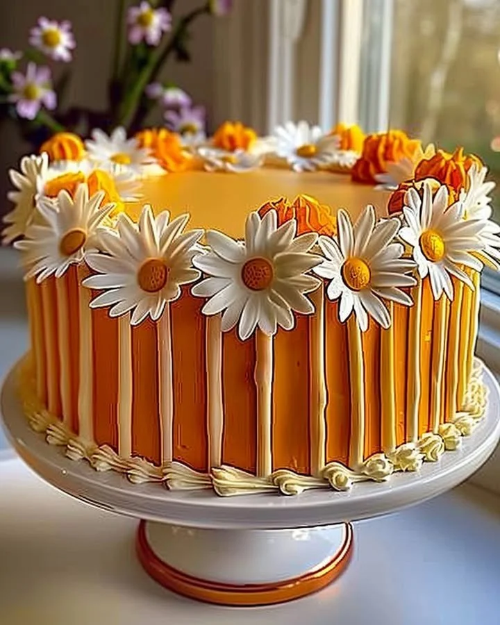 Orange Creamsicle Cake decorated with daisies for a festive presentation.
