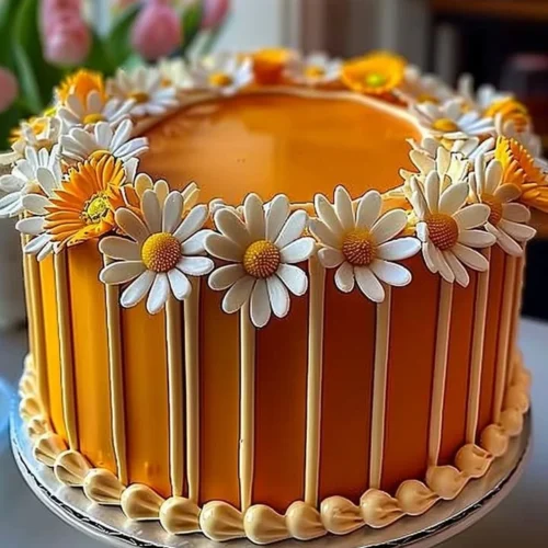 Orange Creamsicle Cake decorated with daisies, a bright and delicious dessert.