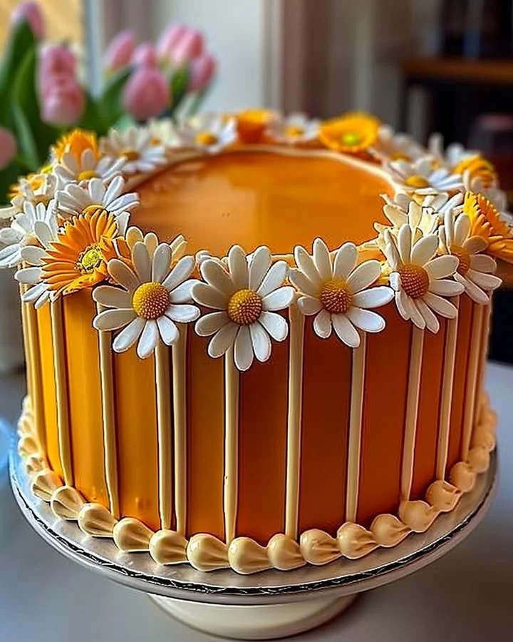 Orange Creamsicle Cake decorated with daisies, a bright and delicious dessert.