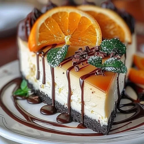 Slice of Orange Mascarpone Cheesecake topped with chocolate drizzle