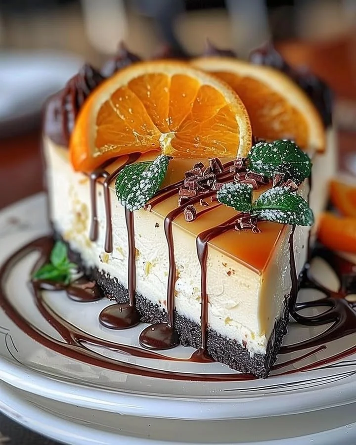 Slice of Orange Mascarpone Cheesecake topped with chocolate drizzle