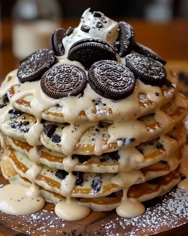 Oreo pancakes topped with cream cheese drizzle served on a plate