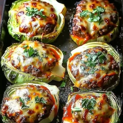 Oven-baked cabbage burgers served with fresh toppings on a plate.