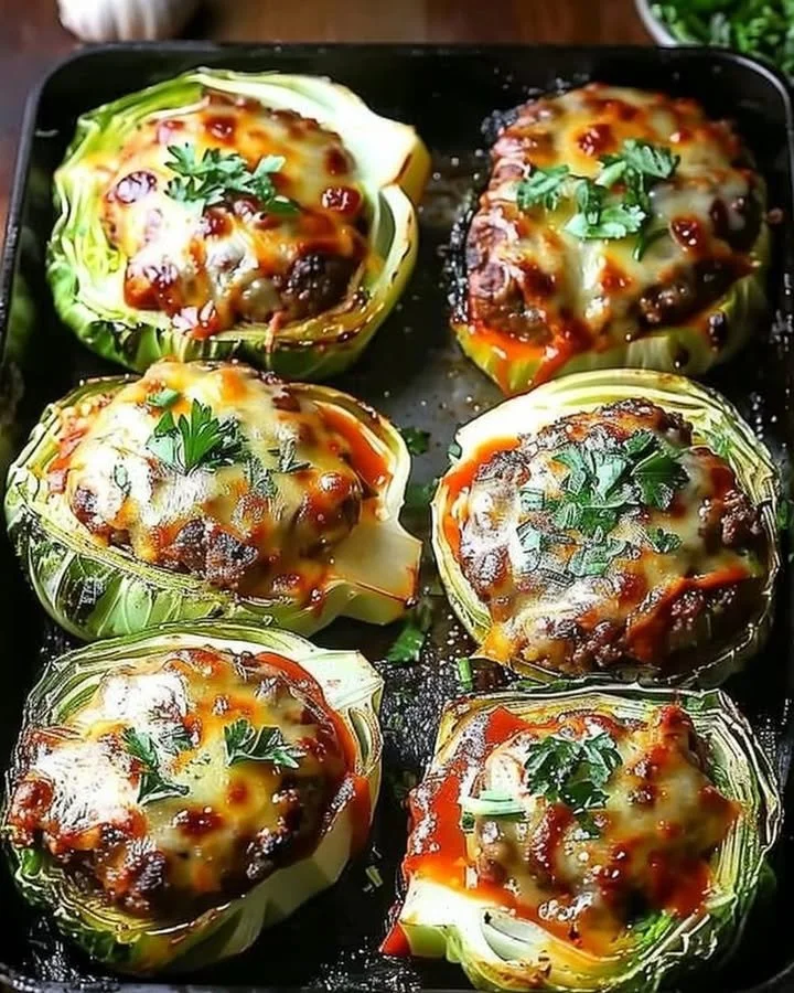 Oven-baked cabbage burgers served with fresh toppings on a plate.