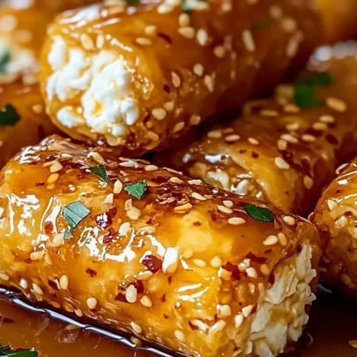 Oven fried feta rolls drizzled with chili honey, served on a plate.