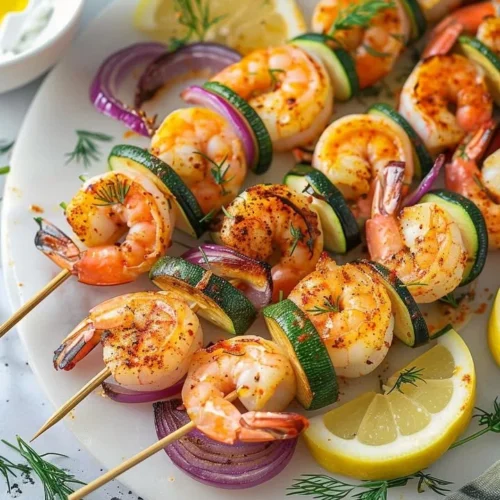 Oven-cooked shrimp skewers ready to serve with a flavorful glaze