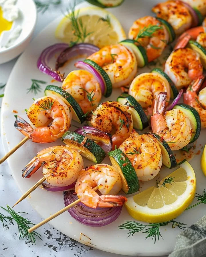 Oven-cooked shrimp skewers ready to serve with a flavorful glaze