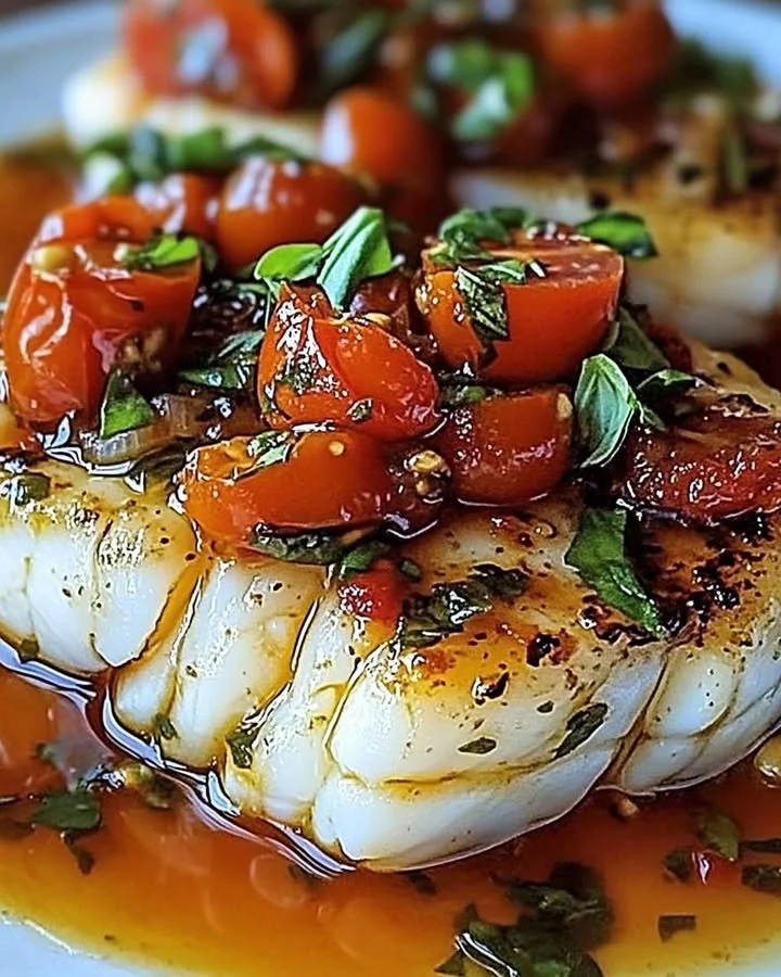 Delicious Pan-Seared Mediterranean Cod served in Tomato Basil Sauce