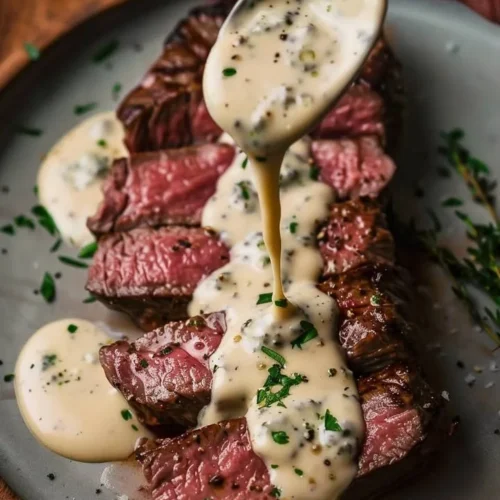 Pan-Seared New York Strip Steak with Gorgonzola Cream Sauce served on a plate