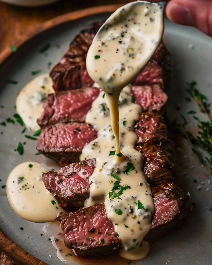 Pan-Seared New York Strip Steak with Gorgonzola Cream Sauce served on a plate
