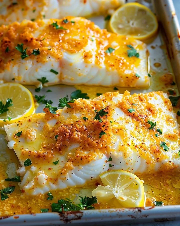 Delicious Parmesan Baked Cod with a crispy topping, served on a plate