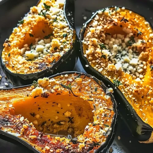 Parmesan Herb Roasted Acorn Squash garnished with herbs on a plate