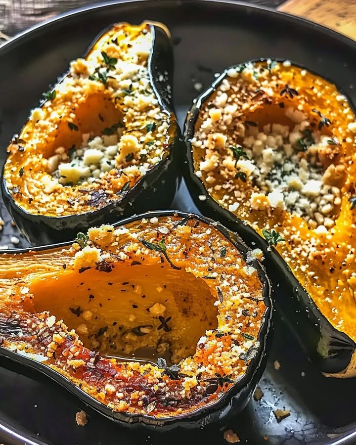 Parmesan Herb Roasted Acorn Squash garnished with herbs on a plate