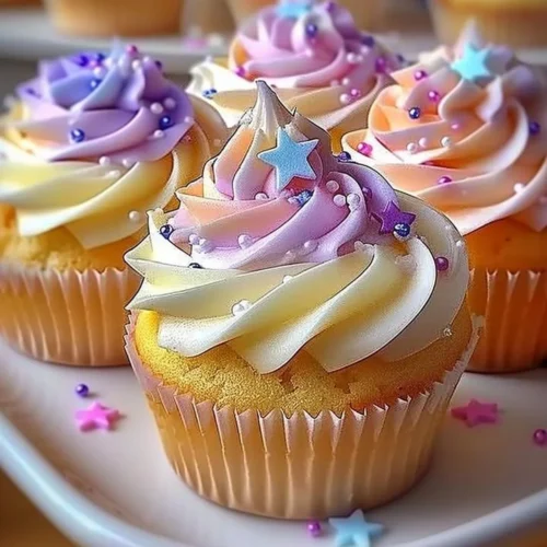 Pastel star cupcakes decorated with colorful frosting and edible glitter.