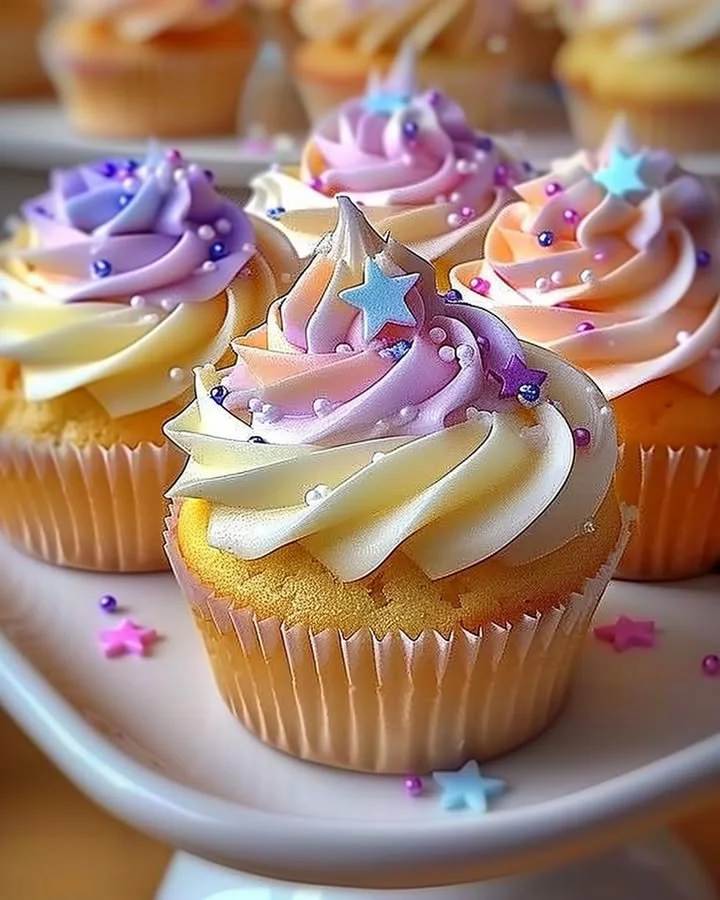Pastel star cupcakes decorated with colorful frosting and edible glitter.