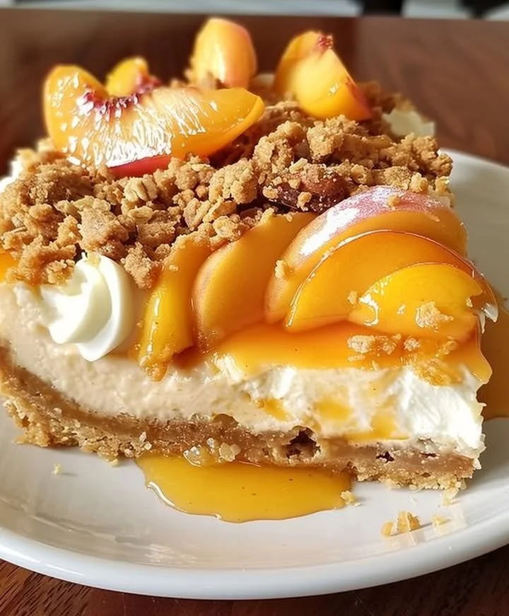 Delicious Peach Cobbler Cheesecake with peach slices and crumb topping