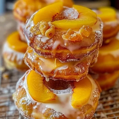 Peach Cobbler Cheesecake Donuts on a plate, drizzled with glaze