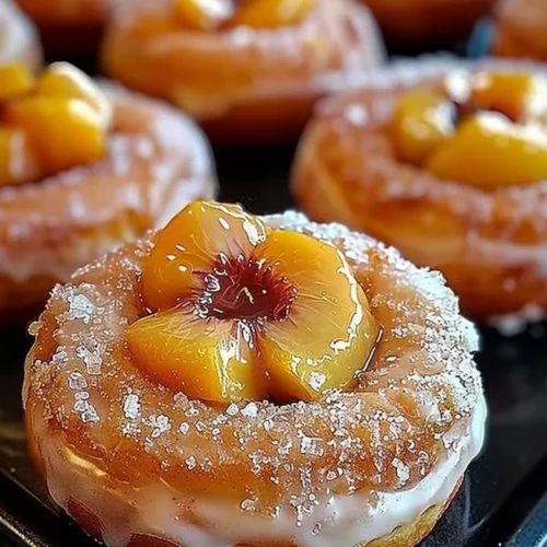 Delicious Peach Cobbler Cheesecake donut fusion with creamy cheesecake and peach flavor.