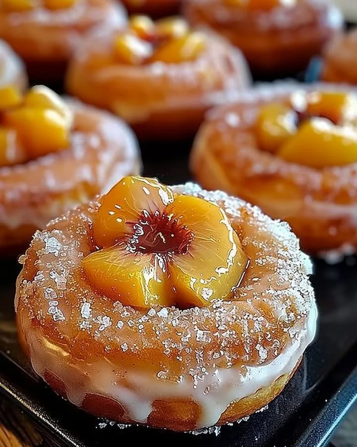 Delicious Peach Cobbler Cheesecake donut fusion with creamy cheesecake and peach flavor.