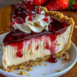 Deliciously creamy Peanut Butter & Jelly Cheesecake slice on a dessert plate.