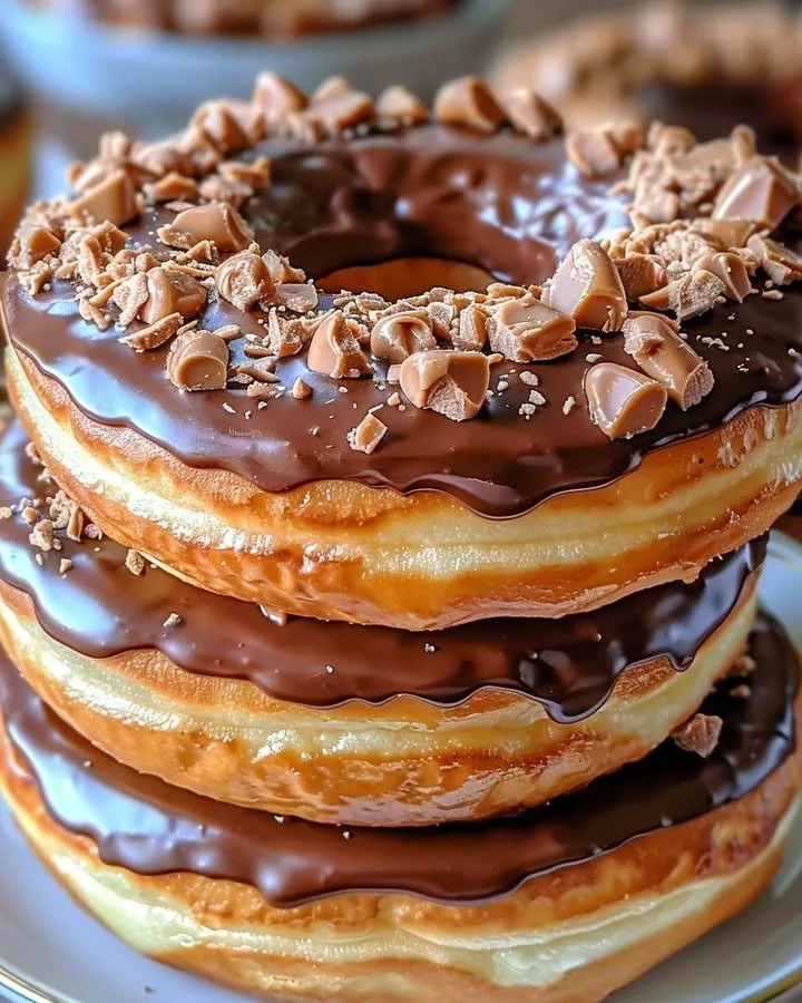 Peanut Butter Reese’s Donut Sandwiches with chocolate drizzle and sprinkles
