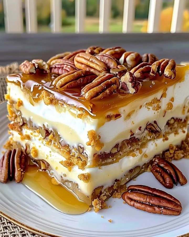 Delicious Pecan Pie Lasagna layered dessert with pecans and creamy filling.