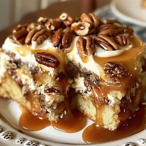 Delicious Pecan Praline Poke Cake topped with caramel and pecans
