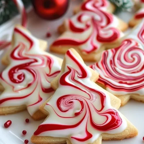 Peppermint red and white swirl tree cookies decorated for the holidays.