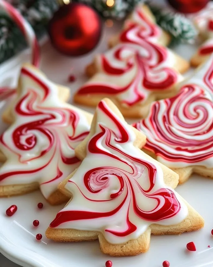 Peppermint red and white swirl tree cookies decorated for the holidays.