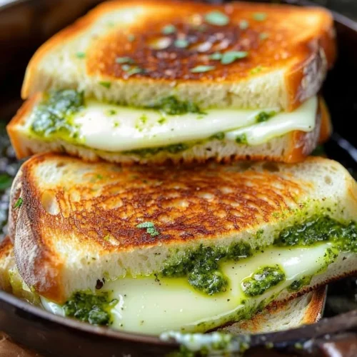 Delicious pesto grilled cheese sandwich with melted cheese and fresh basil