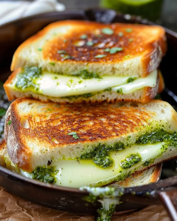 Delicious pesto grilled cheese sandwich with melted cheese and fresh basil