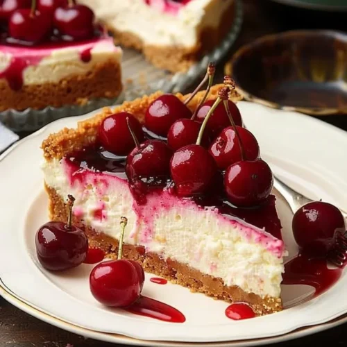 Delicious Philadelphia cherry cheesecake topped with fresh cherries.